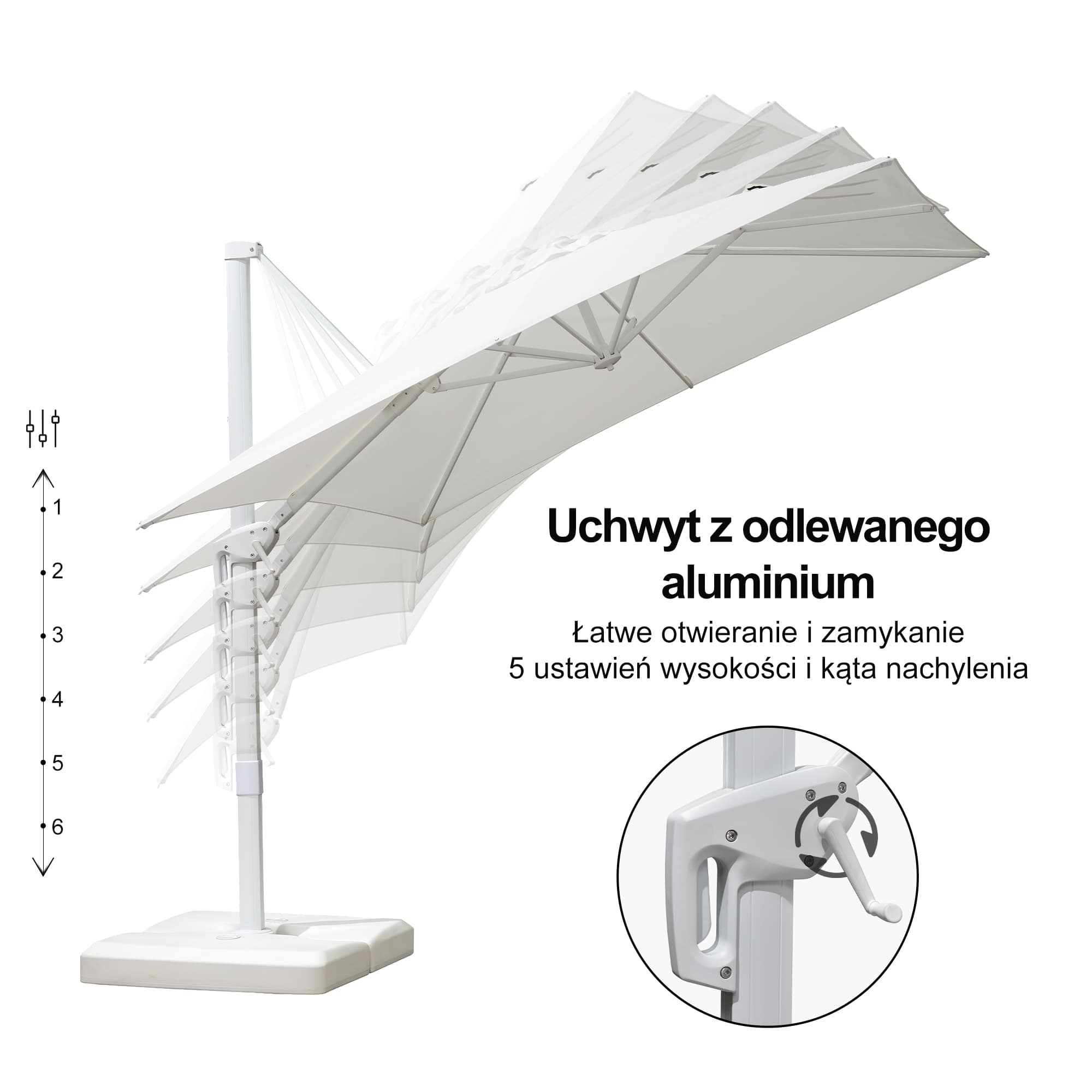 PURPLE LEAF Duży biały parasol na wysięgniku – Przystępny cenowo parasol ogrodowy na taras i do ogrodu
