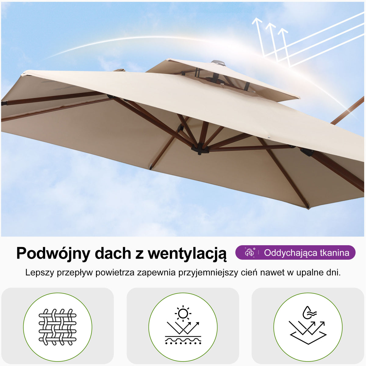 PURPLE LEAF Kwadratowy parasol ogrodowy z bocznym masztem, aluminium w imitacji drewna, z korbą i regulacją nachylenia, na balkon i taras