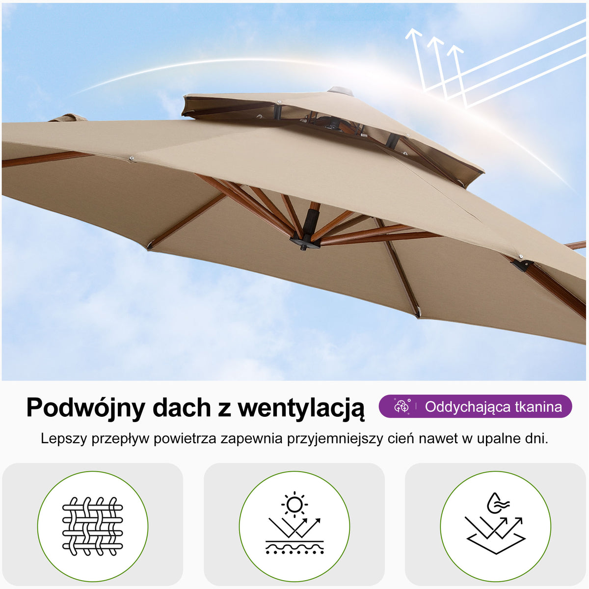 PURPLE LEAF Okrągły parasol ogrodowy z bocznym masztem, aluminiowy w imitacji drewna, z korbą i regulacją nachylenia, na balkon i taras