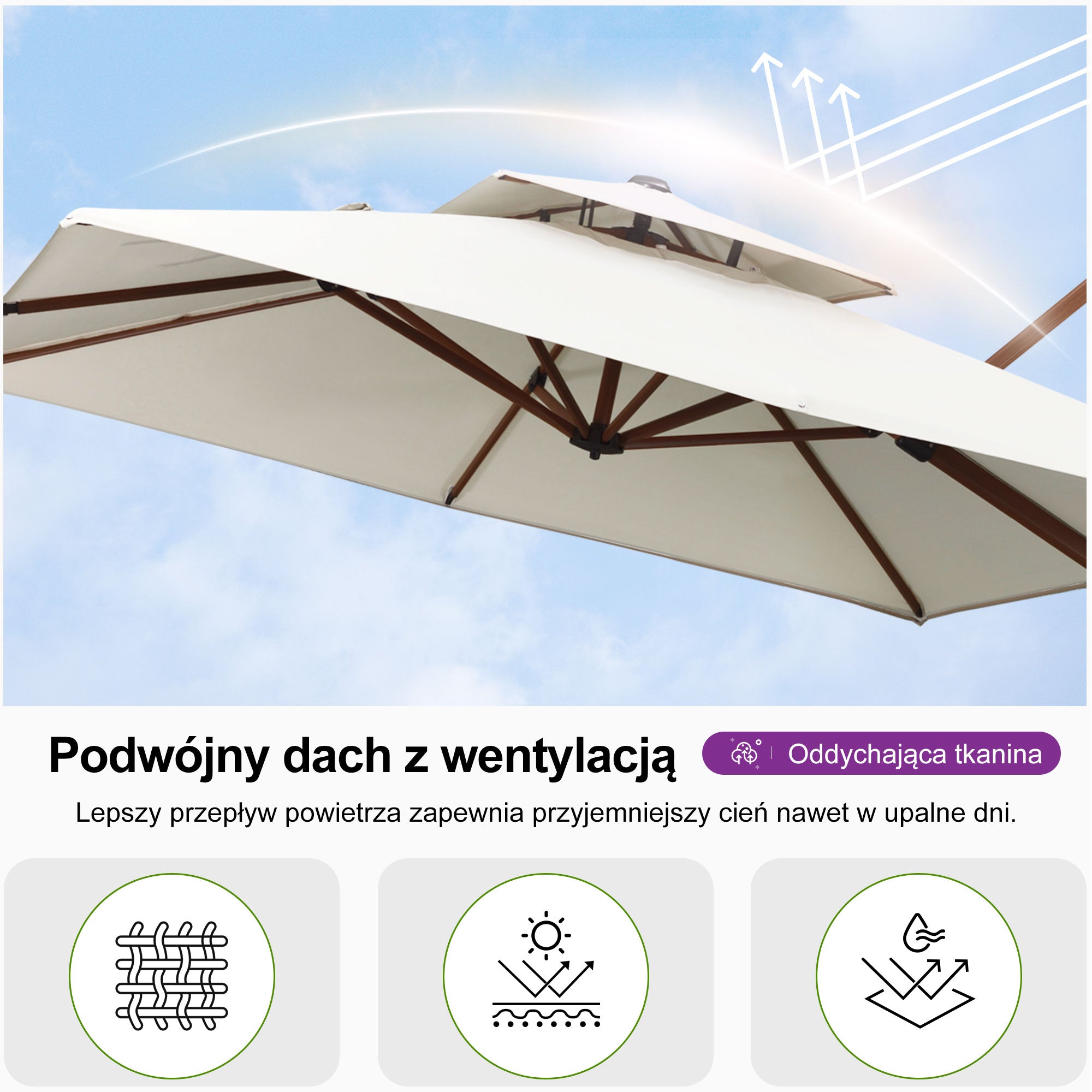 PURPLE LEAF Prostokątny parasol ogrodowy z bocznym masztem, w imitacji drewna