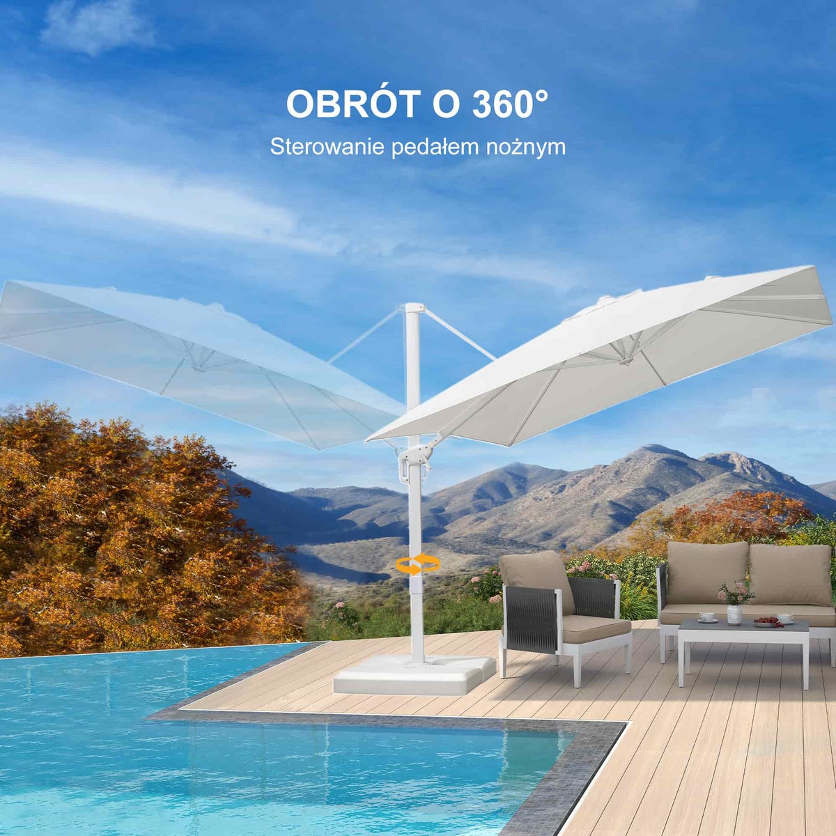 PURPLE LEAF Duży biały parasol na wysięgniku – Przystępny cenowo parasol ogrodowy na taras i do ogrodu