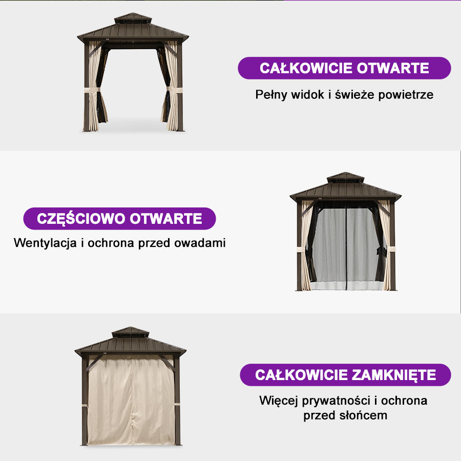 PURPLE LEAF Altana ogrodowa brązowa z mlecznym światło LED, pawilon kompaktowy do małych ogrodów z moskitierą