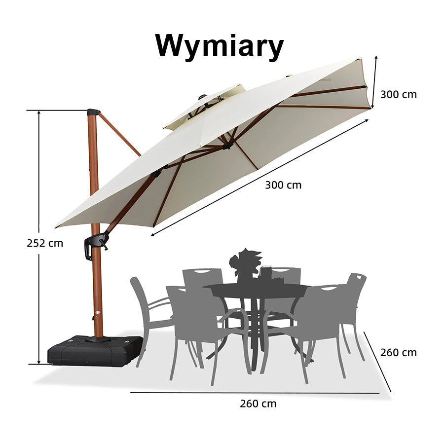 PURPLE LEAF Kwadratowy parasol ogrodowy z bocznym masztem, aluminium w imitacji drewna, z korbą i regulacją nachylenia, na balkon i taras