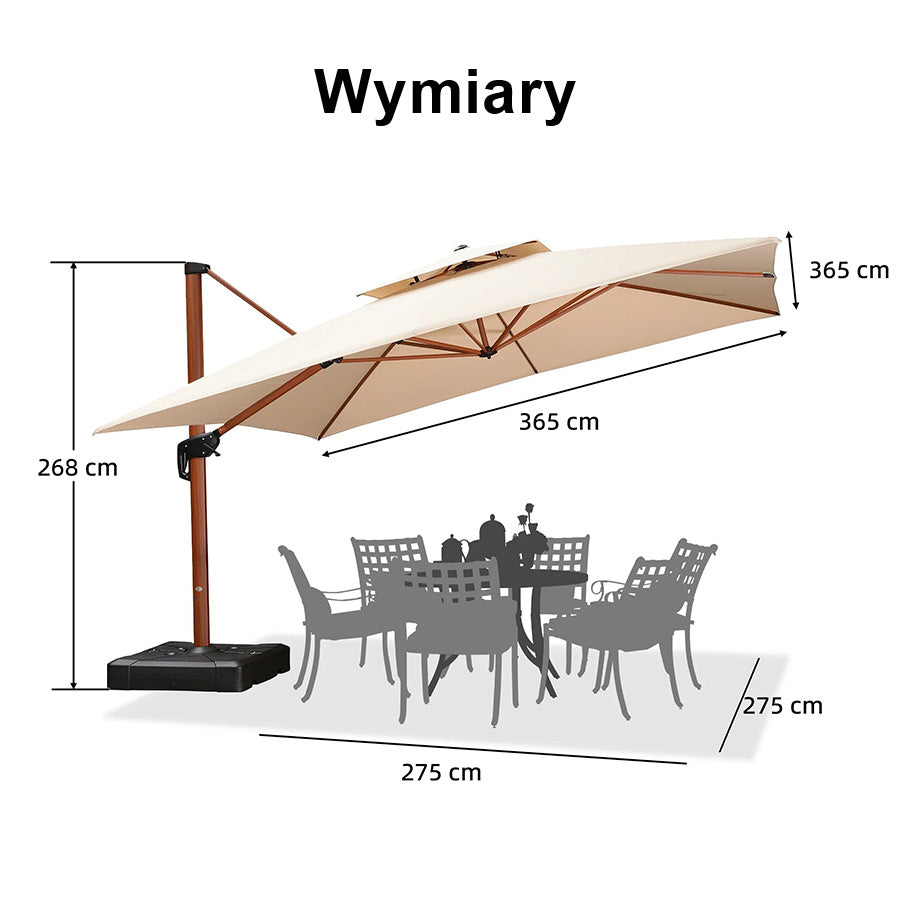 PURPLE LEAF Kwadratowy parasol ogrodowy z bocznym masztem, aluminium w imitacji drewna, z korbą i regulacją nachylenia, na balkon i taras