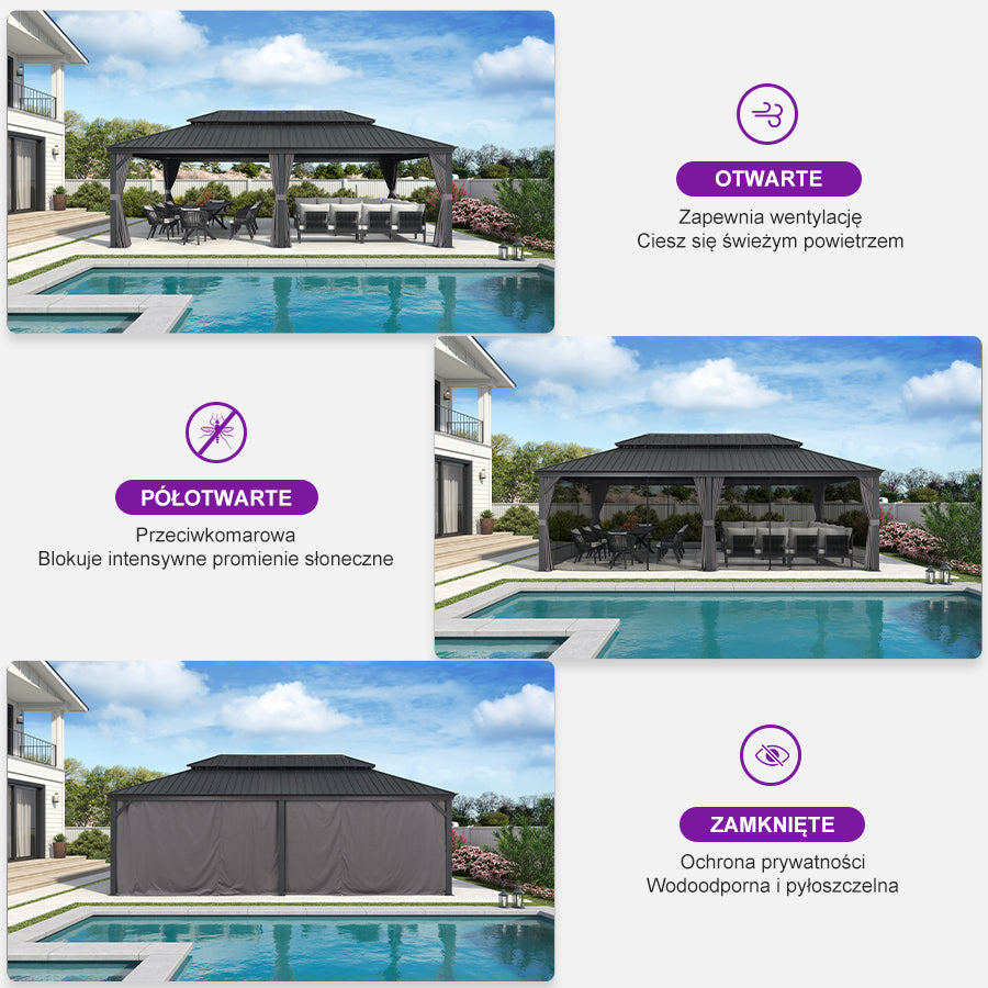 PURPLE LEAF Altana ogrodowa aluminiowa antracytowa PREMIUM, pawilon ogrodowy z dachem ze stali ocynkowanej
