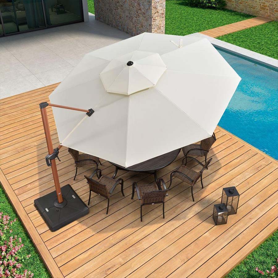 PURPLE LEAF Okrągły parasol ogrodowy z bocznym masztem, aluminiowy w imitacji drewna, z korbą i regulacją nachylenia, na balkon i taras