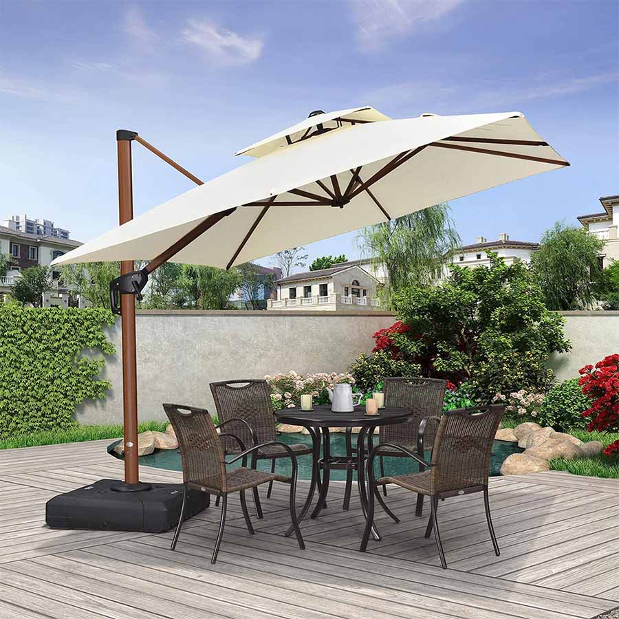 PURPLE LEAF Kwadratowy parasol ogrodowy z bocznym masztem, aluminium w imitacji drewna, z korbą i regulacją nachylenia, na balkon i taras