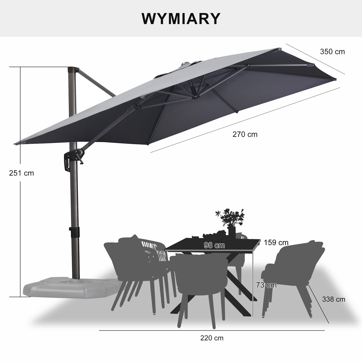 PURPLE LEAF Duży parasol ogrodowy z bocznym masztem, aluminiowy parasol obrotowy 360° z korbą i pedałem nożnym, na taras i balkon