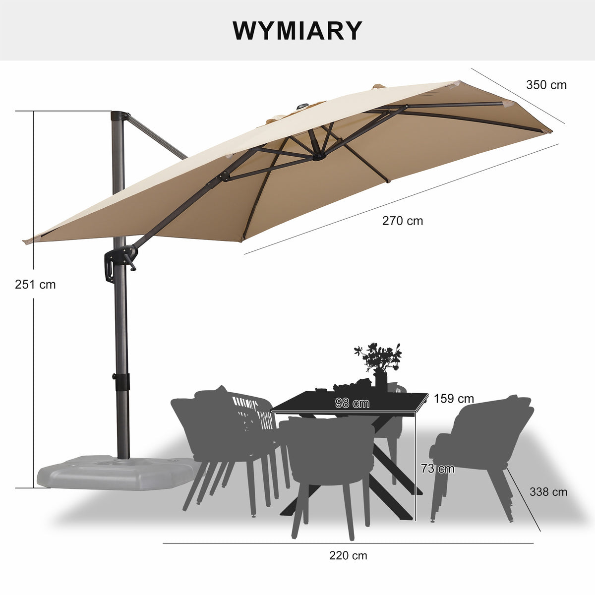 PURPLE LEAF Duży parasol ogrodowy z bocznym masztem, aluminiowy parasol obrotowy 360° z korbą i pedałem nożnym, na taras i balkon