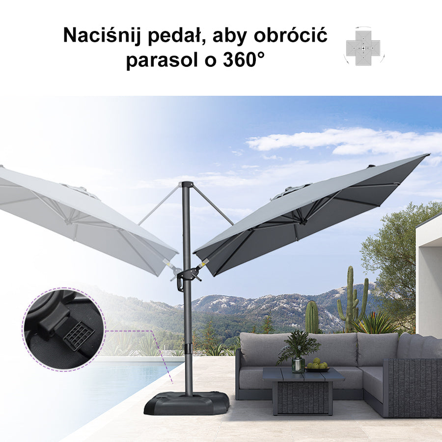 PURPLE LEAF Duży parasol ogrodowy z bocznym masztem, aluminiowy parasol obrotowy 360° z korbą i pedałem nożnym, na taras i balkon