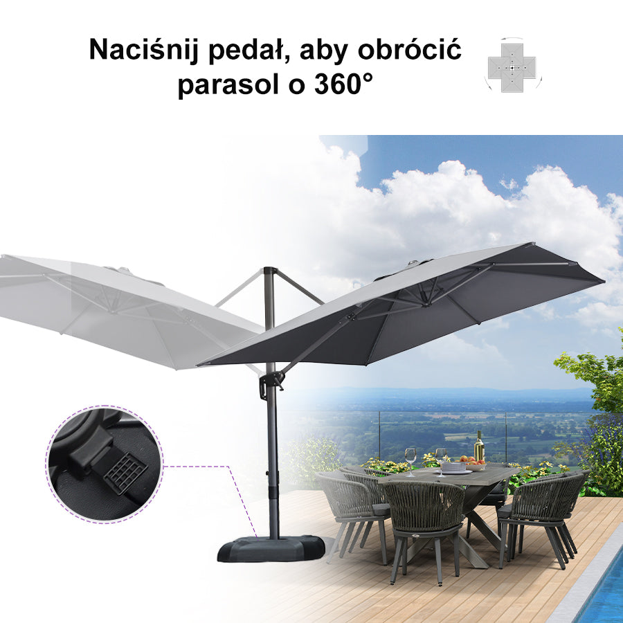 PURPLE LEAF Duży parasol ogrodowy z bocznym masztem, aluminiowy parasol obrotowy 360° z korbą i pedałem nożnym, na taras i balkon