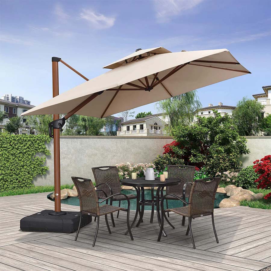 PURPLE LEAF Kwadratowy parasol ogrodowy z bocznym masztem, aluminium w imitacji drewna, z korbą i regulacją nachylenia, na balkon i taras