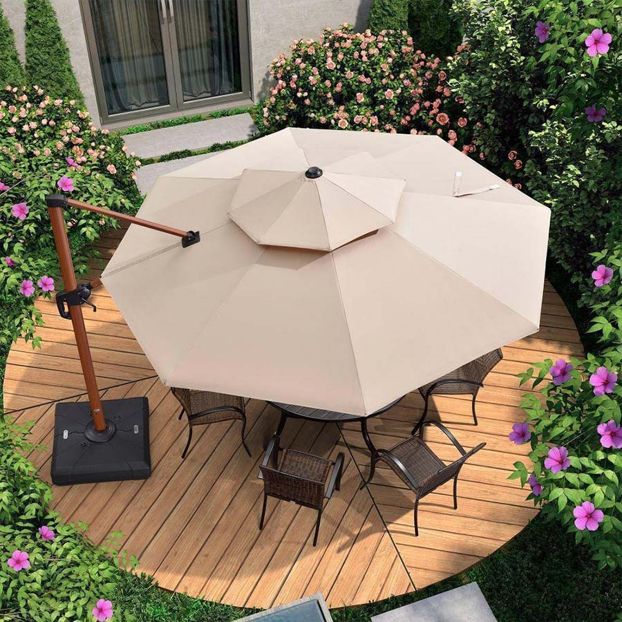 PURPLE LEAF Okrągły parasol ogrodowy z bocznym masztem, aluminiowy w imitacji drewna, z korbą i regulacją nachylenia, na balkon i taras