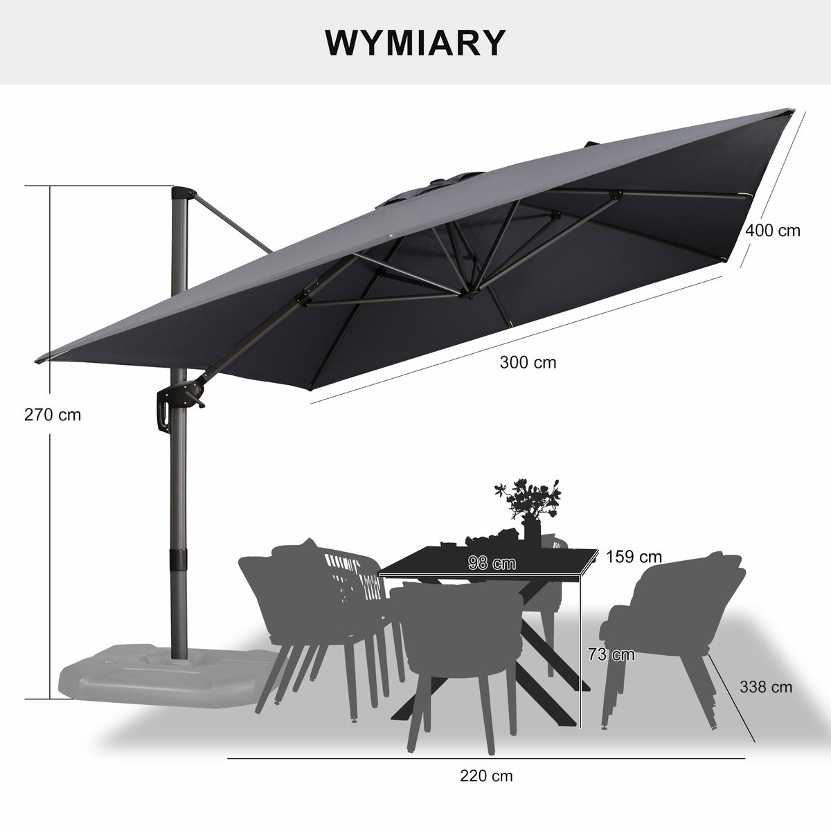 PURPLE LEAF Duży parasol ogrodowy z bocznym masztem, aluminiowy parasol obrotowy 360° z korbą i pedałem nożnym, na taras i balkon