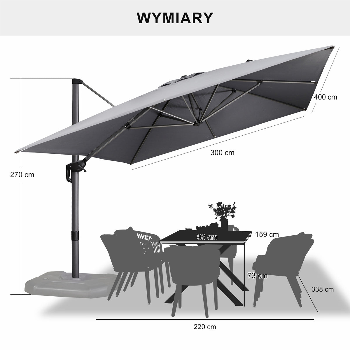 PURPLE LEAF Duży parasol ogrodowy z bocznym masztem, aluminiowy parasol obrotowy 360° z korbą i pedałem nożnym, na taras i balkon