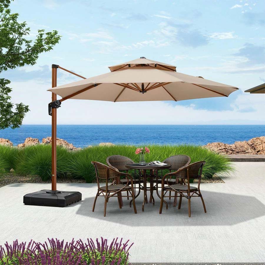 PURPLE LEAF Okrągły parasol ogrodowy z bocznym masztem, aluminiowy w imitacji drewna, z korbą i regulacją nachylenia, na balkon i taras