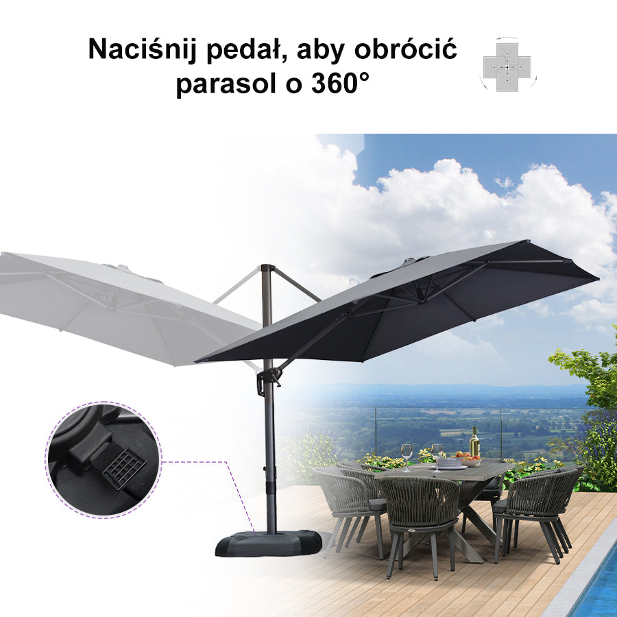 PURPLE LEAF Duży parasol ogrodowy z bocznym masztem, aluminiowy parasol obrotowy 360° z korbą i pedałem nożnym, na taras i balkon