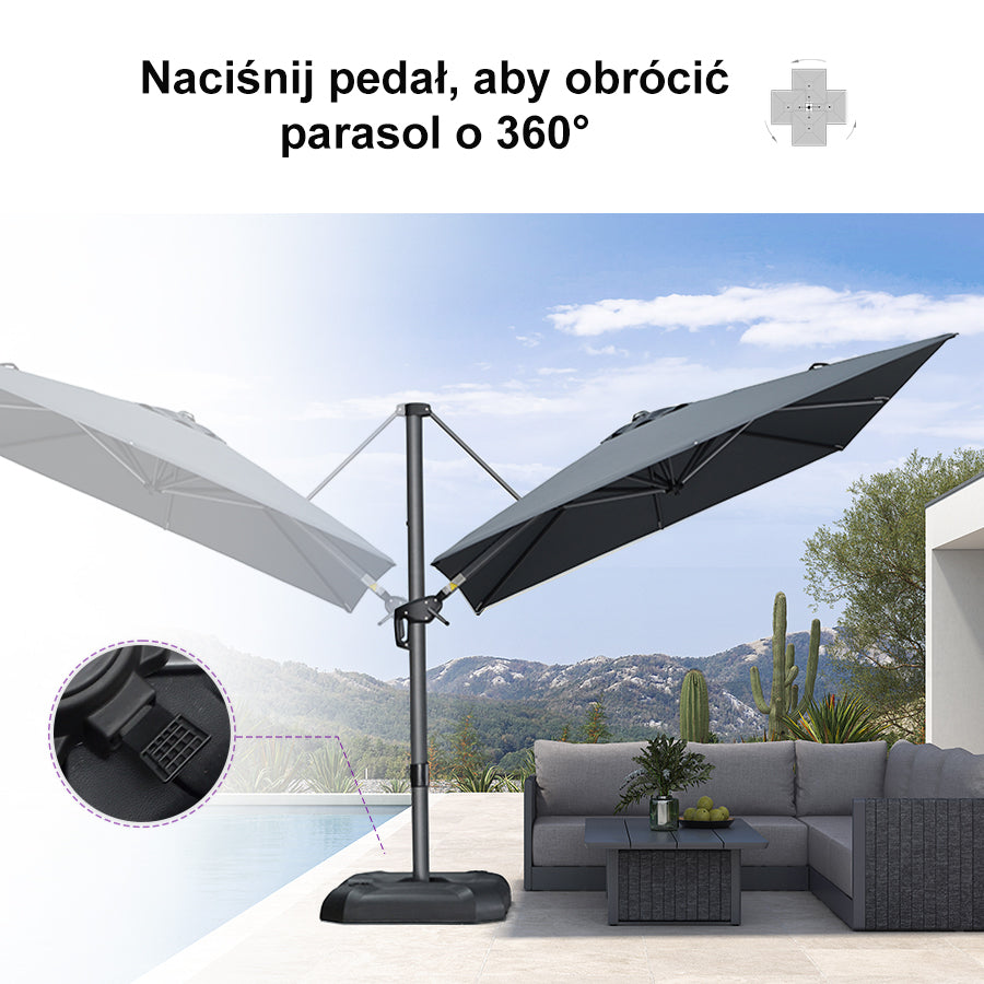PURPLE LEAF Duży parasol ogrodowy z bocznym masztem, aluminiowy parasol obrotowy 360° z korbą i pedałem nożnym, na taras i balkon