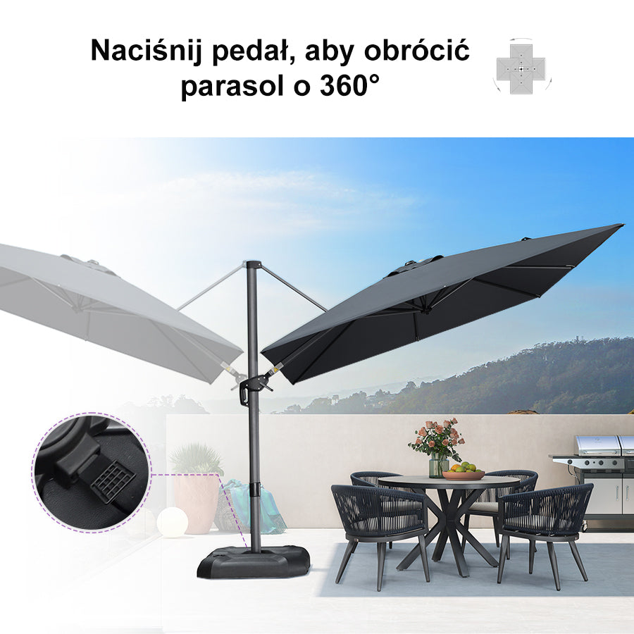 PURPLE LEAF Duży parasol ogrodowy z bocznym masztem, aluminiowy parasol obrotowy 360° z korbą i pedałem nożnym, na taras i balkon