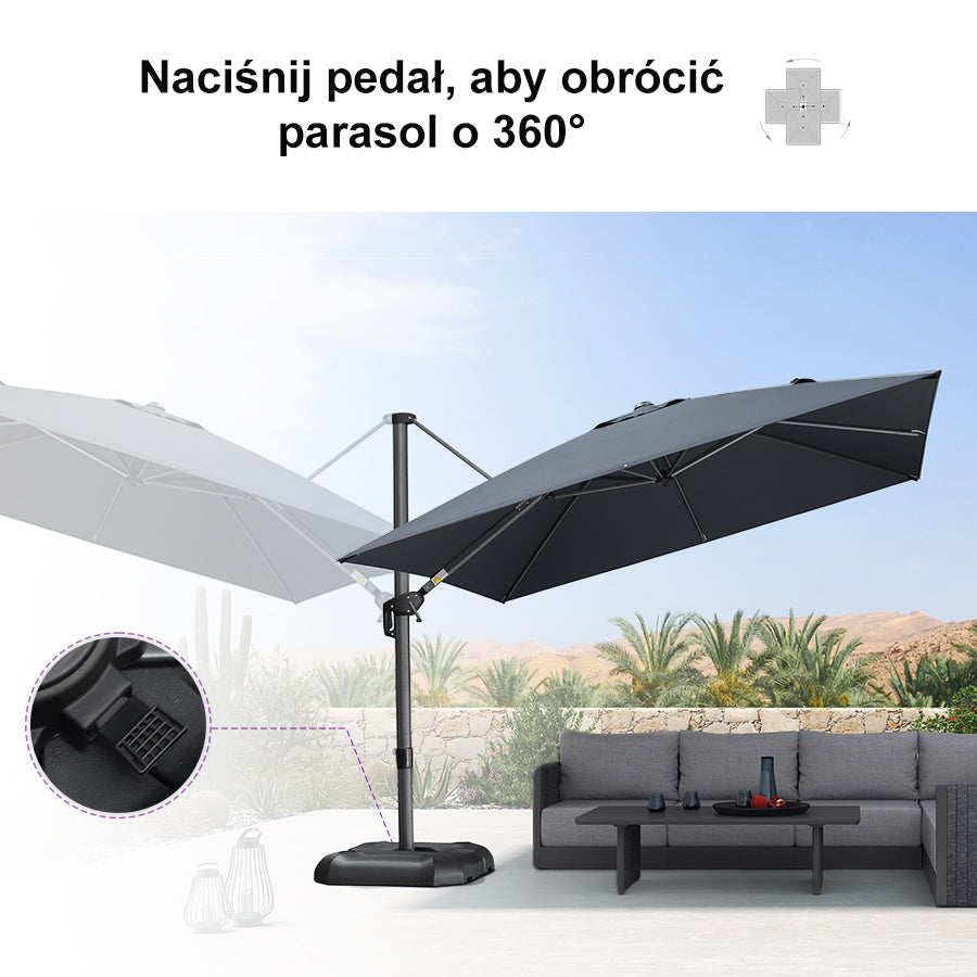 PURPLE LEAF Duży parasol ogrodowy z bocznym masztem, aluminiowy parasol obrotowy 360° z korbą i pedałem nożnym, na taras i balkon