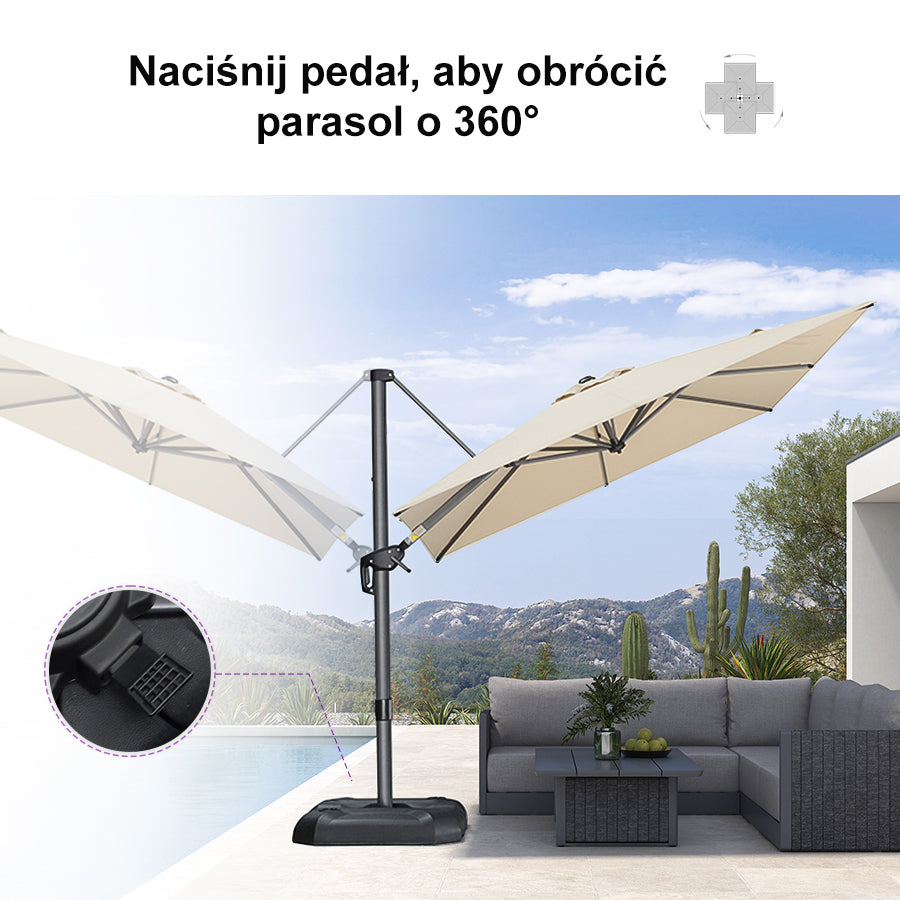 PURPLE LEAF Duży parasol ogrodowy z bocznym masztem, aluminiowy parasol obrotowy 360° z korbą i pedałem nożnym, na taras i balkon