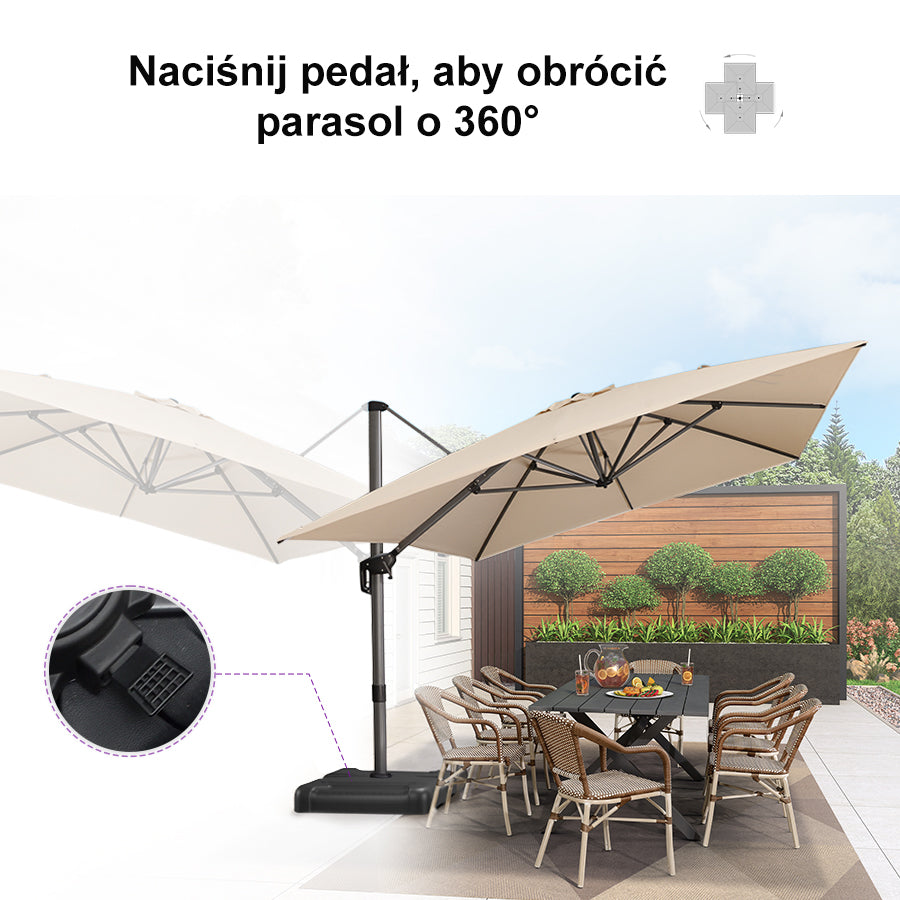 PURPLE LEAF Duży parasol ogrodowy z bocznym masztem, aluminiowy parasol obrotowy 360° z korbą i pedałem nożnym, na taras i balkon