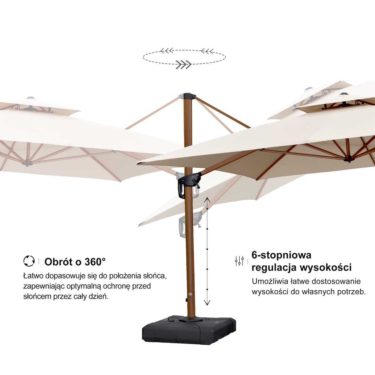 PURPLE LEAF Kwadratowy parasol ogrodowy z bocznym masztem, aluminium w imitacji drewna, z korbą i regulacją nachylenia, na balkon i taras