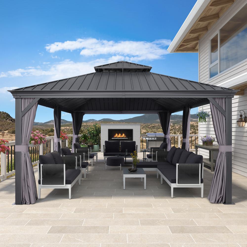 Antracytowa altana ogrodowa aluminiowa premium PURPLE LEAF 3.65x7.32 m z dachem hardtop ze stali ocynkowanej