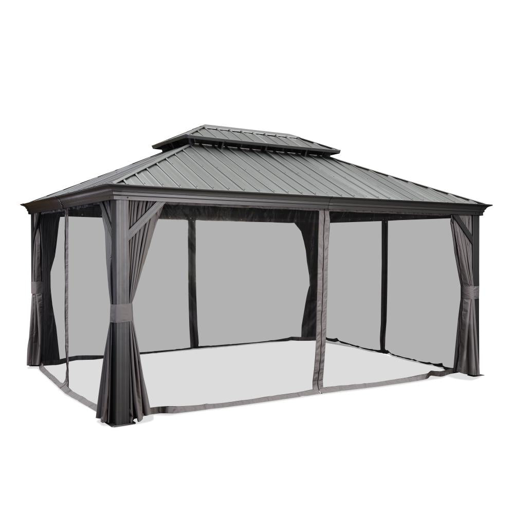Antracytowa altana ogrodowa aluminiowa premium PURPLE LEAF 3.65x4.85 m z moskitierami z dachem hardtop ze stali ocynkowanej