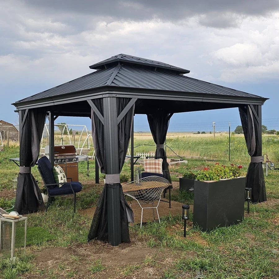 Antracytowa altana ogrodowa premium PURPLE LEAF 3x4 m całoroczna z dachem hardtop ze stali ocynkowanej