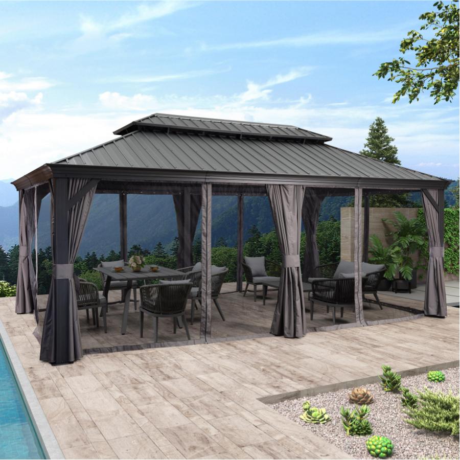 Antracytowa altana ogrodowa premium PURPLE LEAF 3.65x6 m przy basenie z dachem hardtop ze stali ocynkowanej