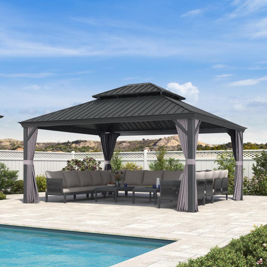 Antracytowa altana ogrodowa premium PURPLE LEAF 4.25x4.85 m przy basenie z dachem hardtop ze stali ocynkowanej