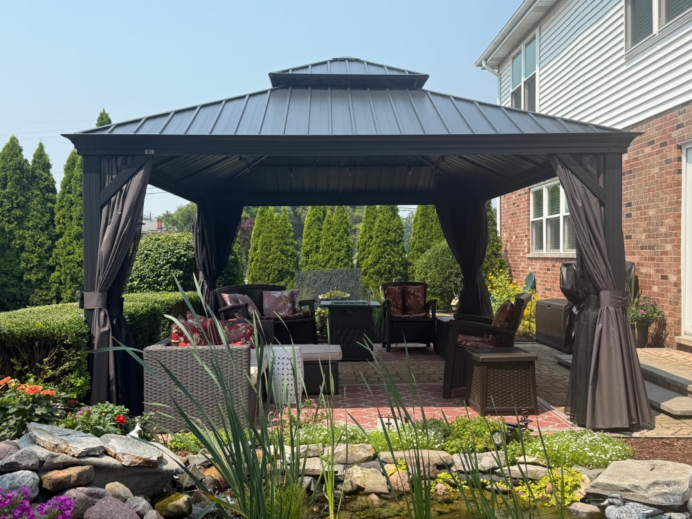 Antracytowa altana ogrodowa premium PURPLE LEAF 4x4 m do ogrodu z dachem hardtop ze stali ocynkowanej