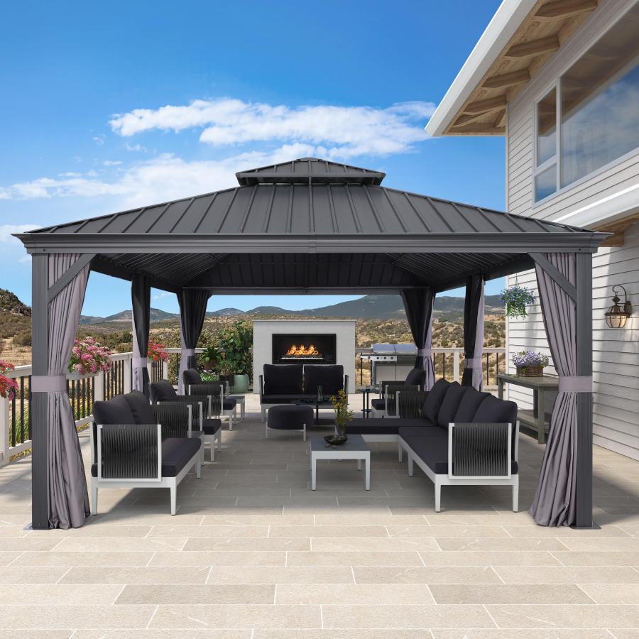 Antracytowa altana ogrodowa premium PURPLE LEAF 3.65x7.32 m z dachem hardtop ze stali ocynkowanej