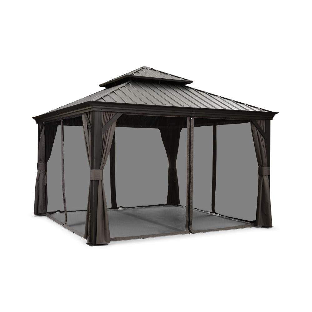 Antracytowa altana ogrodowa premium PURPLE LEAF 3.65x3.65 m z moskitierami z dachem hardtop ze stali ocynkowanej