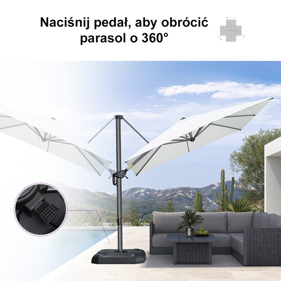 PURPLE LEAF Duży parasol ogrodowy z bocznym masztem, aluminiowy parasol obrotowy 360° z korbą i pedałem nożnym, na taras i balkon