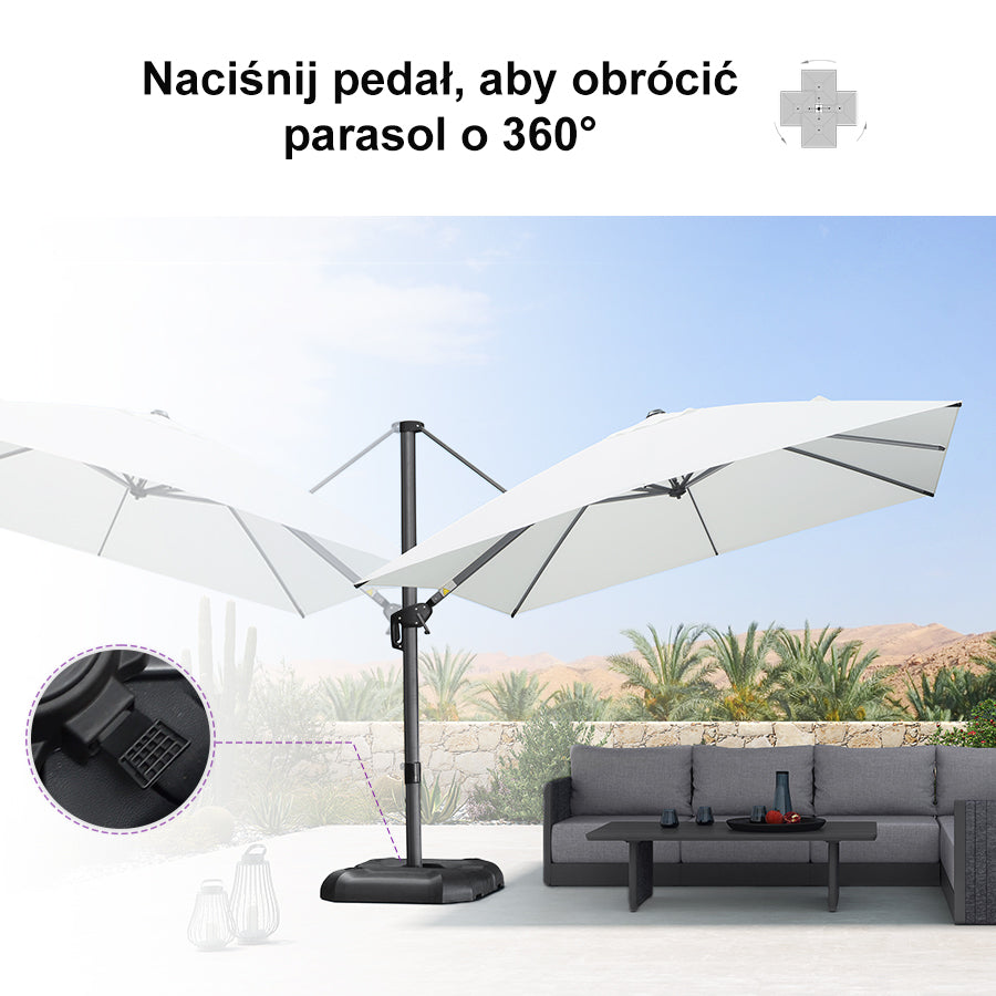 PURPLE LEAF Duży parasol ogrodowy z bocznym masztem, aluminiowy parasol obrotowy 360° z korbą i pedałem nożnym, na taras i balkon