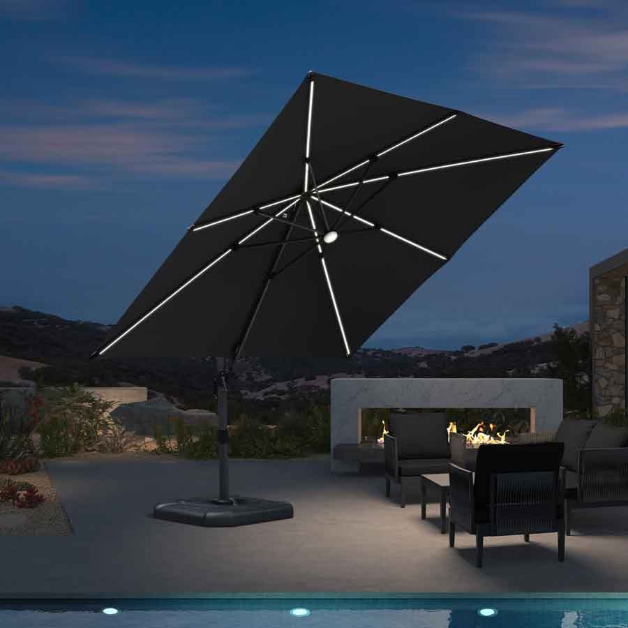 PURPLE LEAF Parasol ogrodowy z bocznym masztem z LED, z korbą, obrotowy 360° z pedałem nożnym i podstawą krzyżową, na taras i balkon