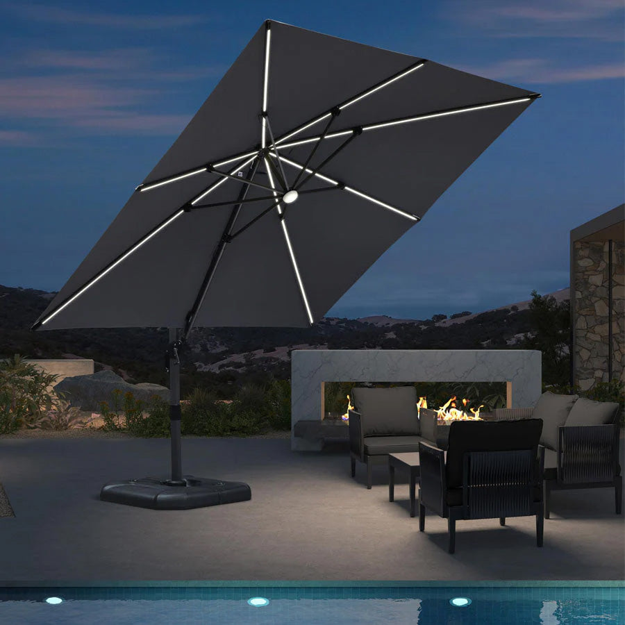 PURPLE LEAF Parasol ogrodowy z bocznym masztem z LED, z korbą, obrotowy 360° z pedałem nożnym i podstawą krzyżową, na taras i balkon