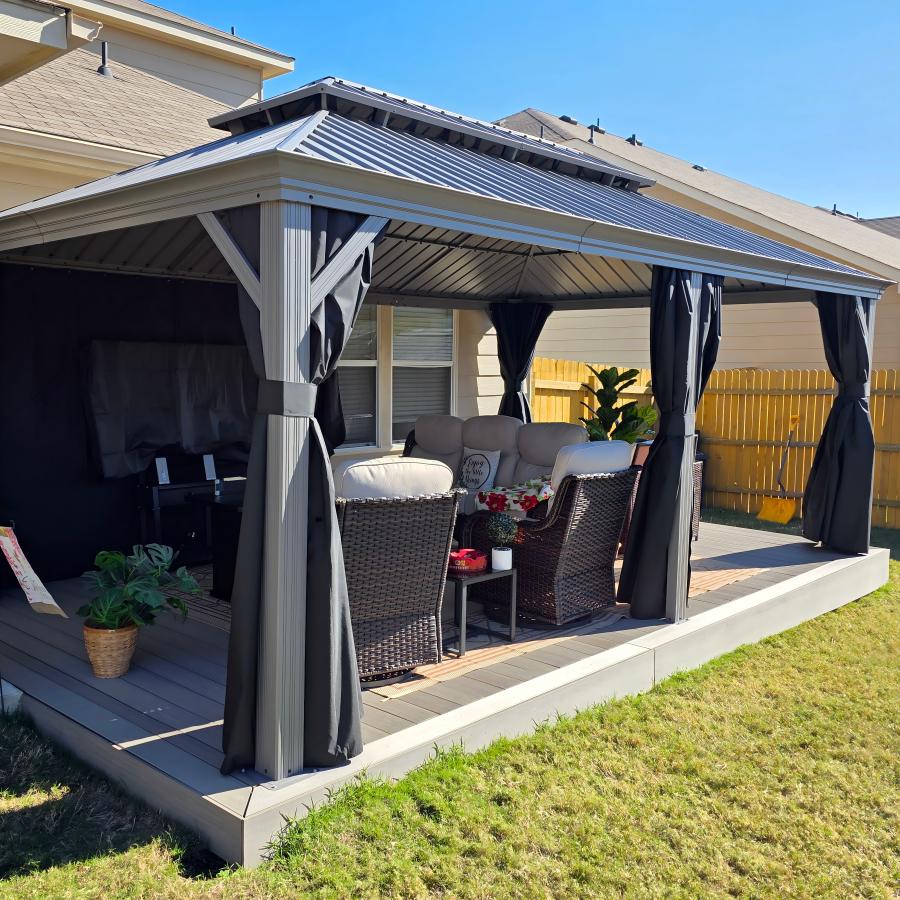 Duża jasnoszara altana ogrodowa premium PURPLE LEAF 3.65x6 m na taras z dachem hardtop ze stali ocynkowanej