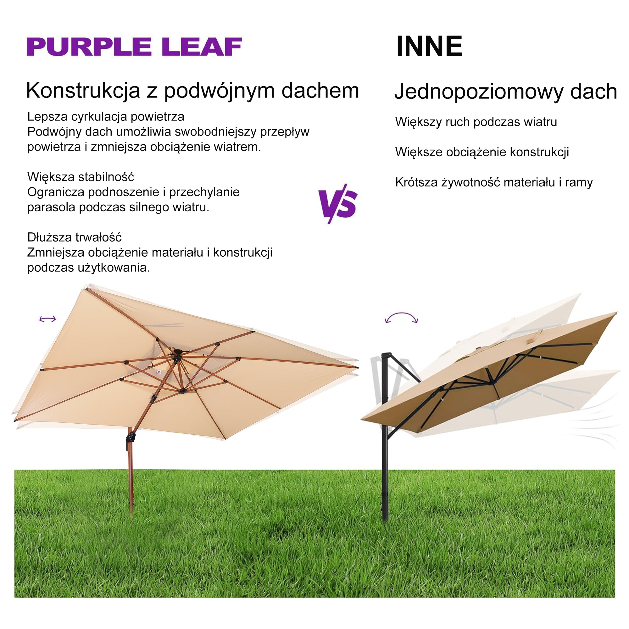 PURPLE LEAF Kwadratowy parasol ogrodowy z bocznym masztem, aluminium w imitacji drewna, z korbą i regulacją nachylenia, na balkon i taras