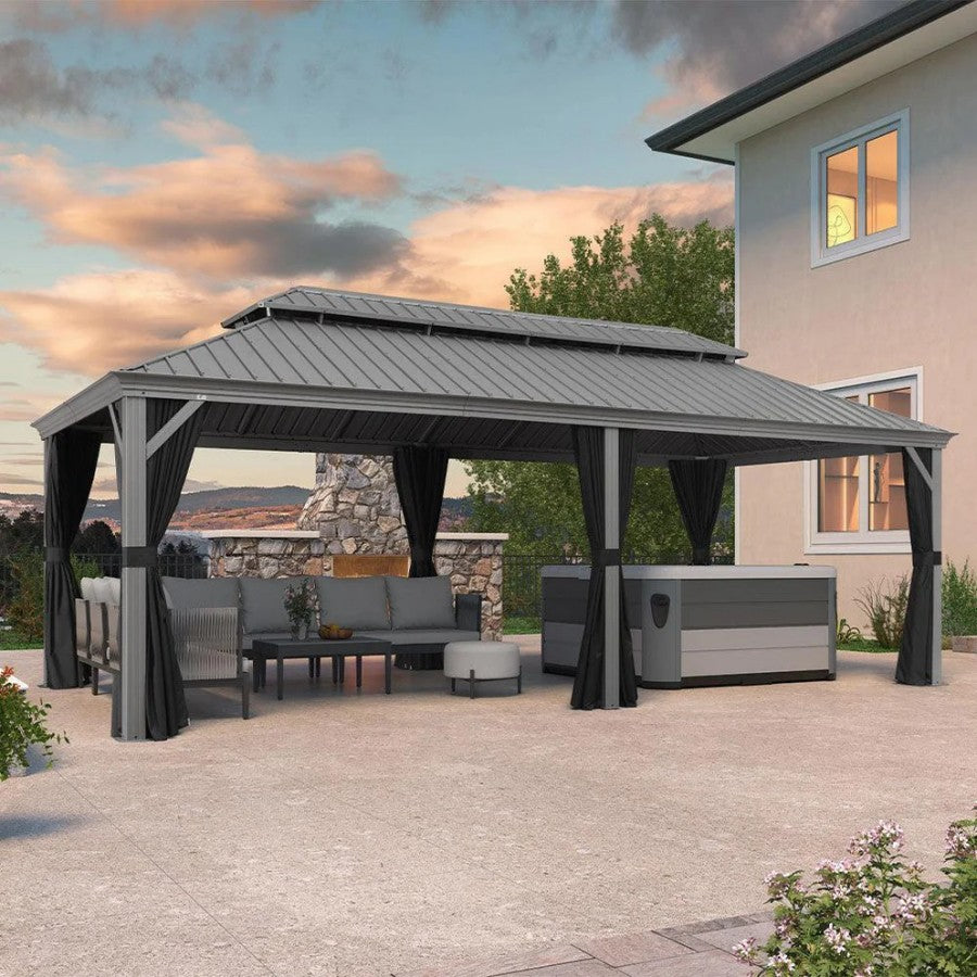 Duża jasnoszara altana ogrodowa premium PURPLE LEAF 3.65x7.32 m przy basenie z dachem hardtop ze stali ocynkowanej
