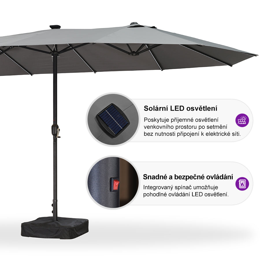 PURPLE LEAF Dwustronny prostokątny parasol ogrodowy z oświetleniem LED i podstawą, duży parasol na taras i do ogrodu