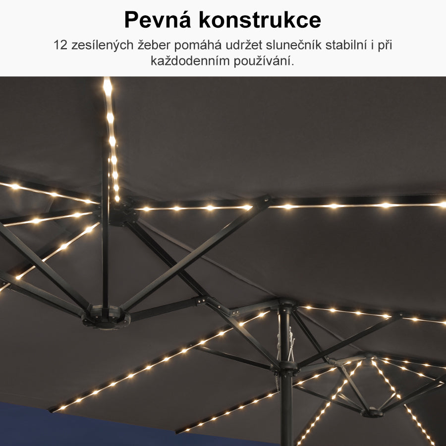 PURPLE LEAF Dwustronny prostokątny parasol ogrodowy z oświetleniem LED i podstawą, duży parasol na taras i do ogrodu