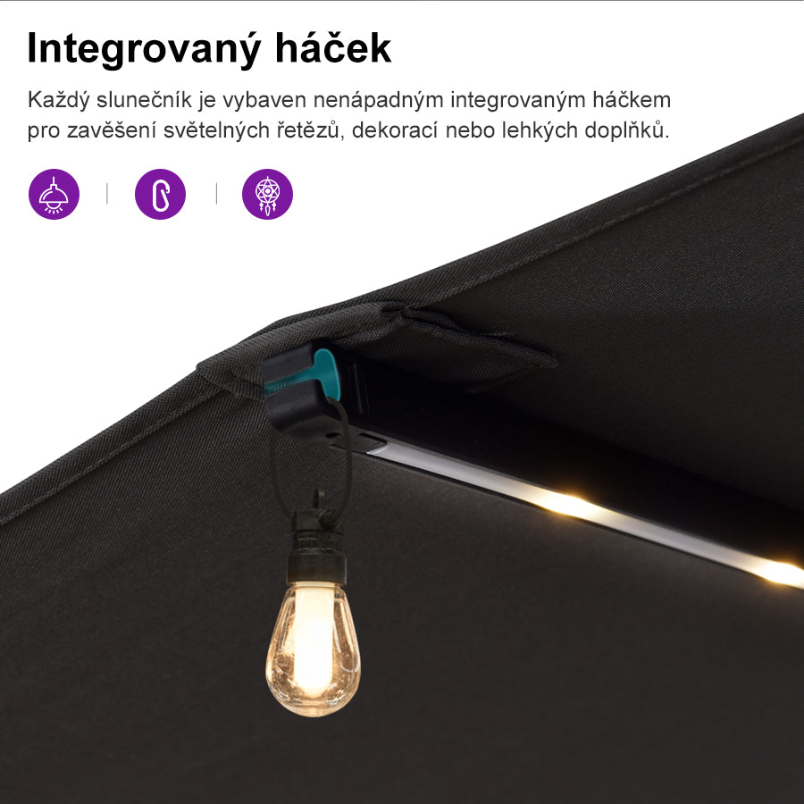PURPLE LEAF Dwustronny prostokątny parasol ogrodowy z oświetleniem LED i podstawą, duży parasol na taras i do ogrodu