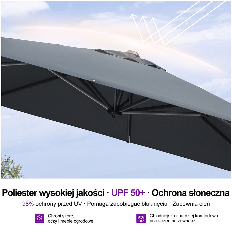 PURPLE LEAF Duży parasol ogrodowy z bocznym masztem, aluminiowy parasol obrotowy 360° z korbą i pedałem nożnym, na taras i balkon