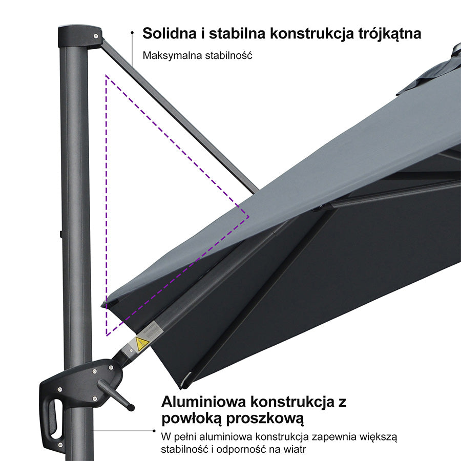 PURPLE LEAF Duży okrągły parasol ogrodowy z bocznym masztem, obrotowy 360° z pedałem nożnym i podstawą krzyżową, na taras i balkon