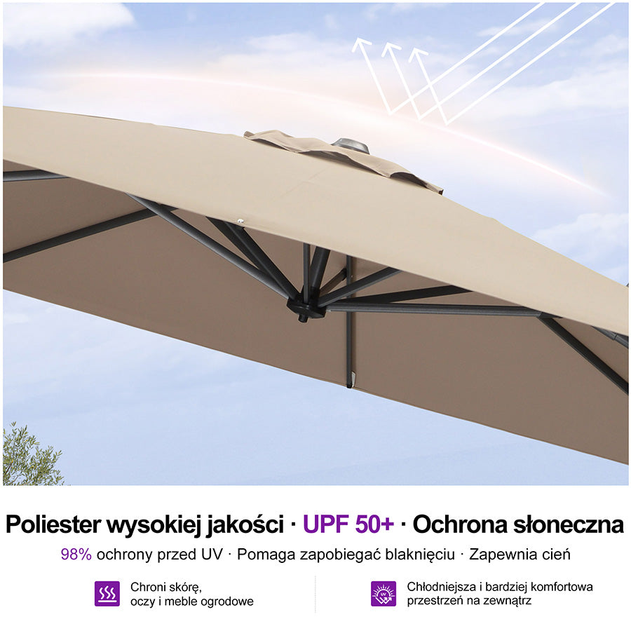 PURPLE LEAF Duży parasol ogrodowy z bocznym masztem, aluminiowy parasol obrotowy 360° z korbą i pedałem nożnym, na taras i balkon