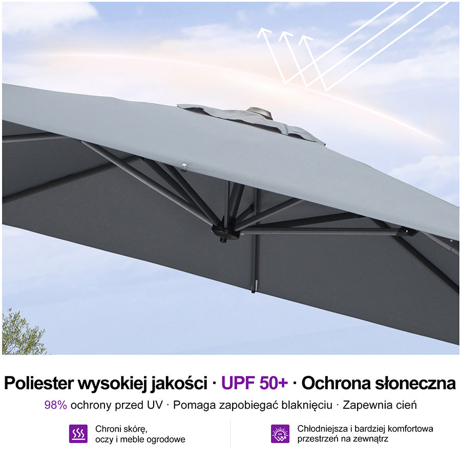 PURPLE LEAF Duży parasol ogrodowy z bocznym masztem, aluminiowy parasol obrotowy 360° z korbą i pedałem nożnym, na taras i balkon