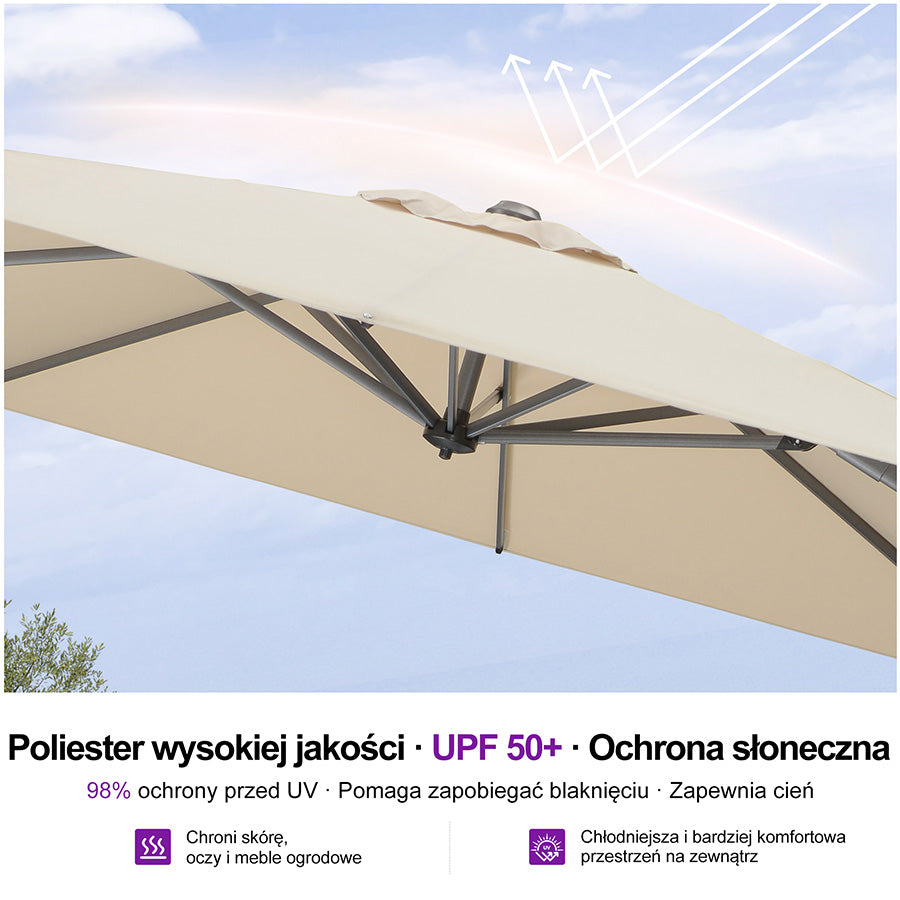 PURPLE LEAF Duży parasol ogrodowy z bocznym masztem, aluminiowy parasol obrotowy 360° z korbą i pedałem nożnym, na taras i balkon